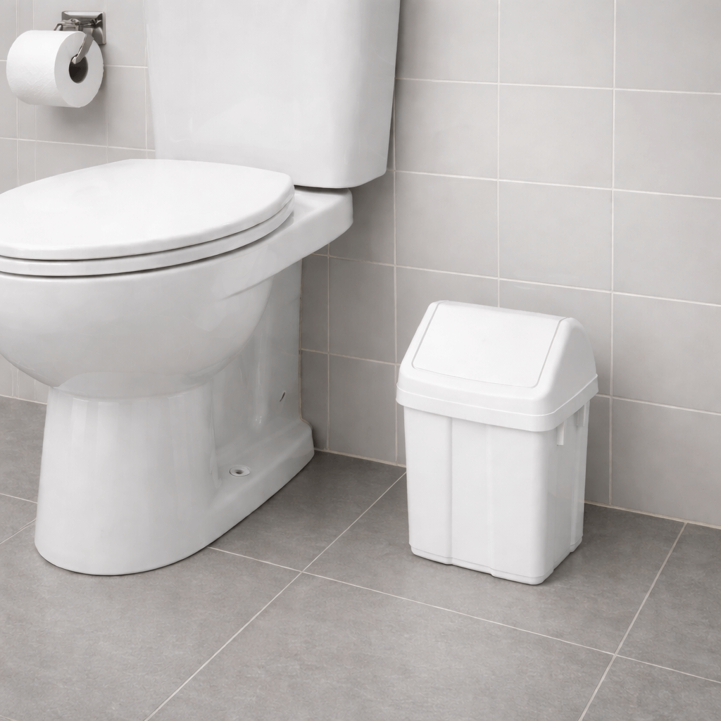 Papeleira Branca com Tampa Basculante ao lado de um vaso sanitário em casa de banho moderna.