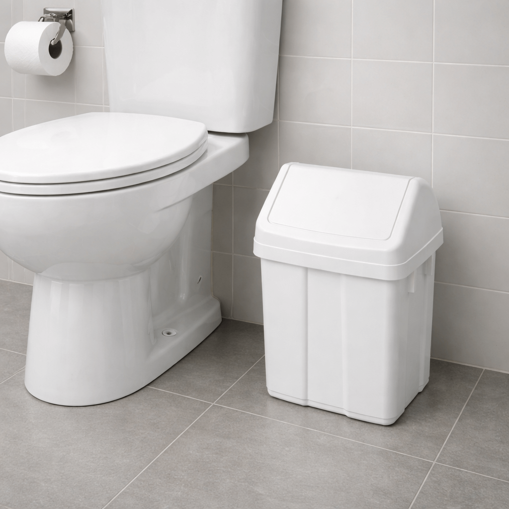 Papeleira Branca com Tampa Basculante ao lado de um vaso sanitário em ambiente de casa de banho.