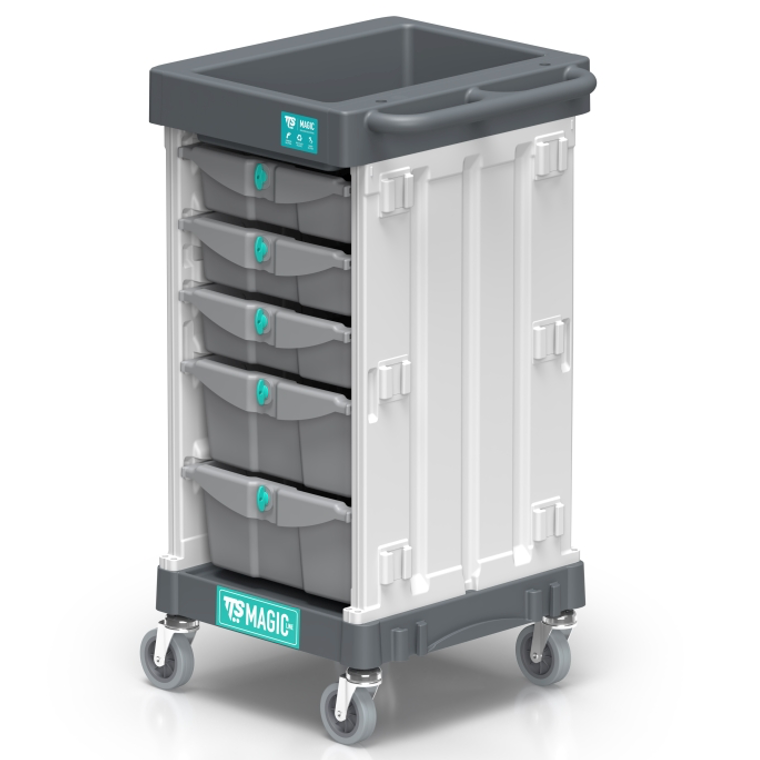 Carrinho Compacto Multifuncional com Prateleiras TTS, modelo TTS Mini Magic 400B, ideal para uso comercial e industrial.