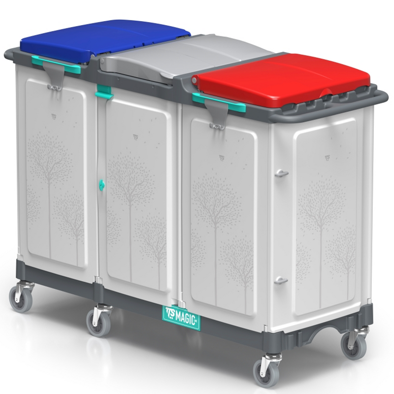 Carrinho para Separação de Resíduos TTS com compartimentos coloridos para reciclagem, modelo MAGIC LINE 150-P.