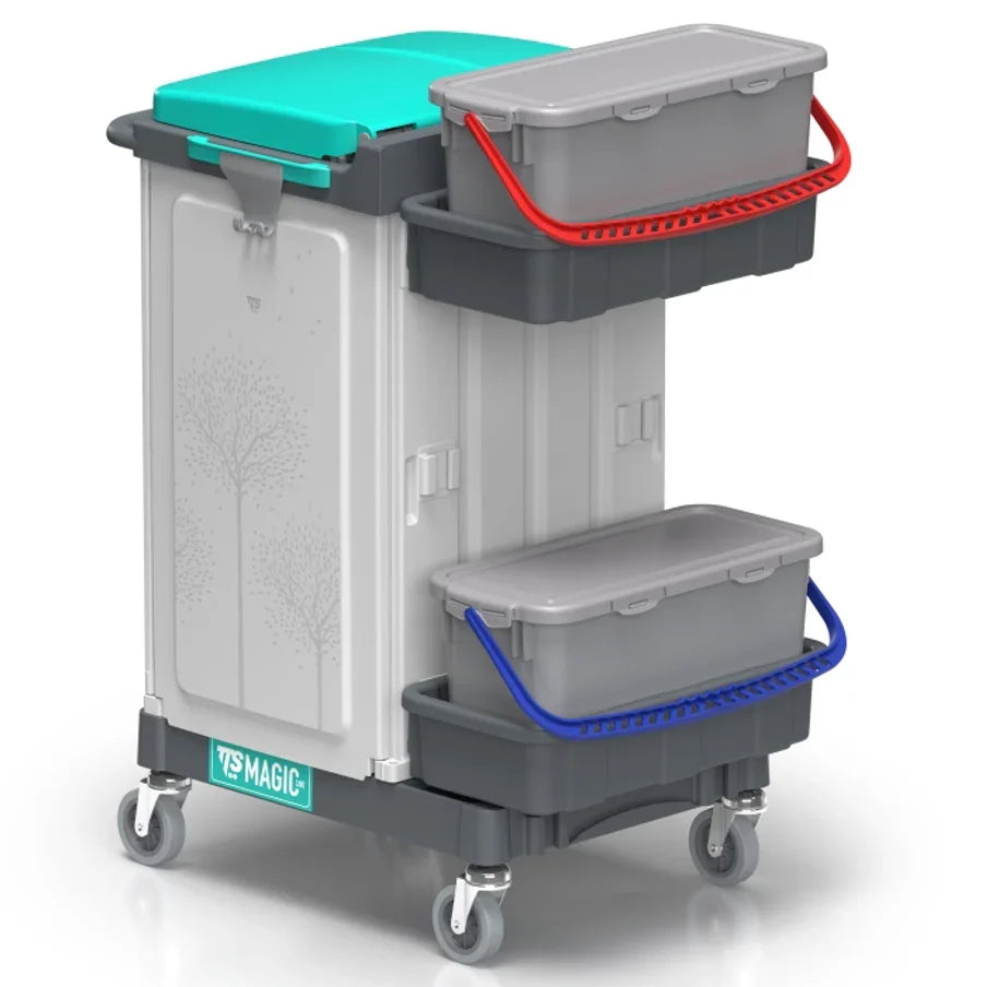 Carrinho Limpeza Hospitalar TTS com compartimentos coloridos, ideal para limpeza profissional em ambientes hospitalares.