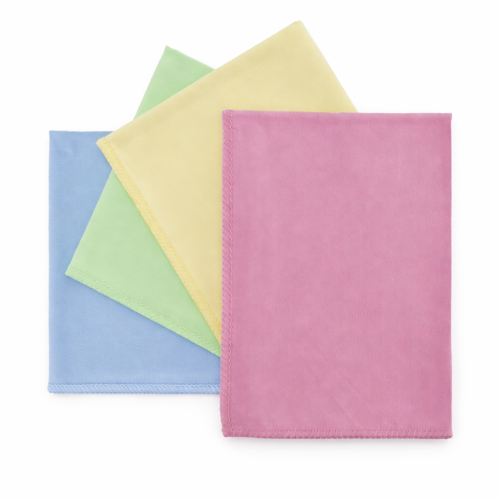 Pano Microfibras Super Suave TTS em várias cores: azul, verde, amarelo e rosa, ideal para limpeza profissional.