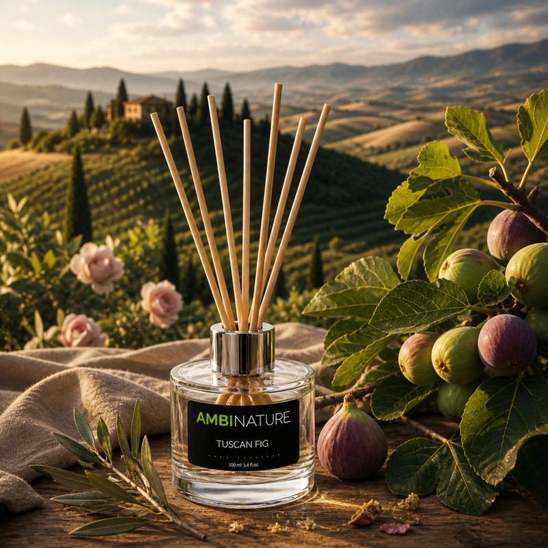 Ambientador Mini Mikado Premium Tuscan Fig | 100ml da AMBINATURE com aromas de figo em paisagem toscana.