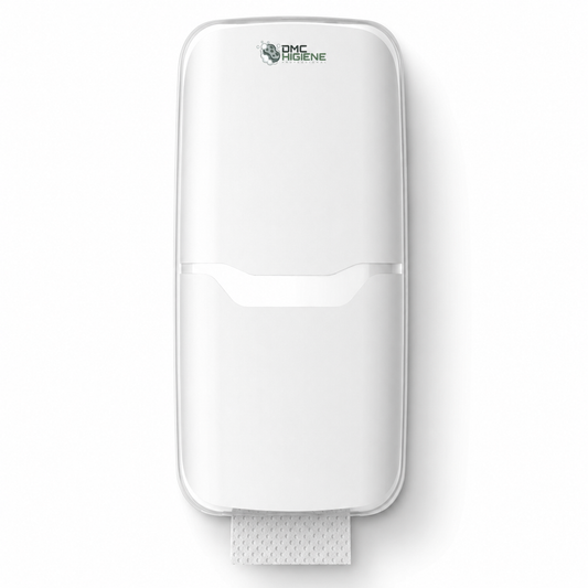 Dispensador de Papel Higiénico Folha-a-Folha TWIN WHITE V-FOLD em fundo branco, design minimalista e funcional.