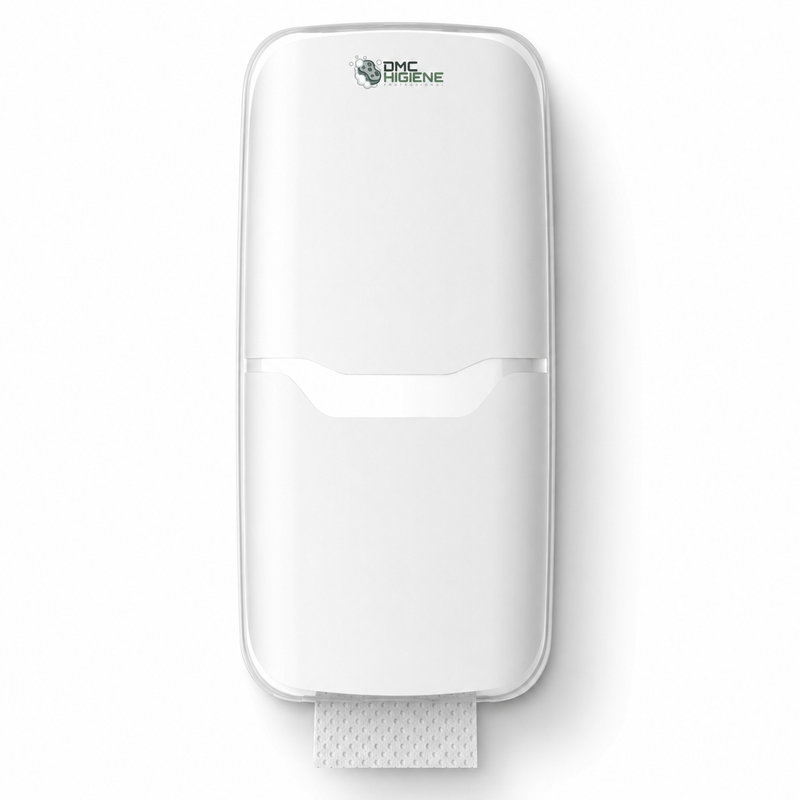 Dispensador de Papel Higiénico Folha-a-Folha TWIN WHITE V-FOLD em fundo branco, design minimalista e funcional.