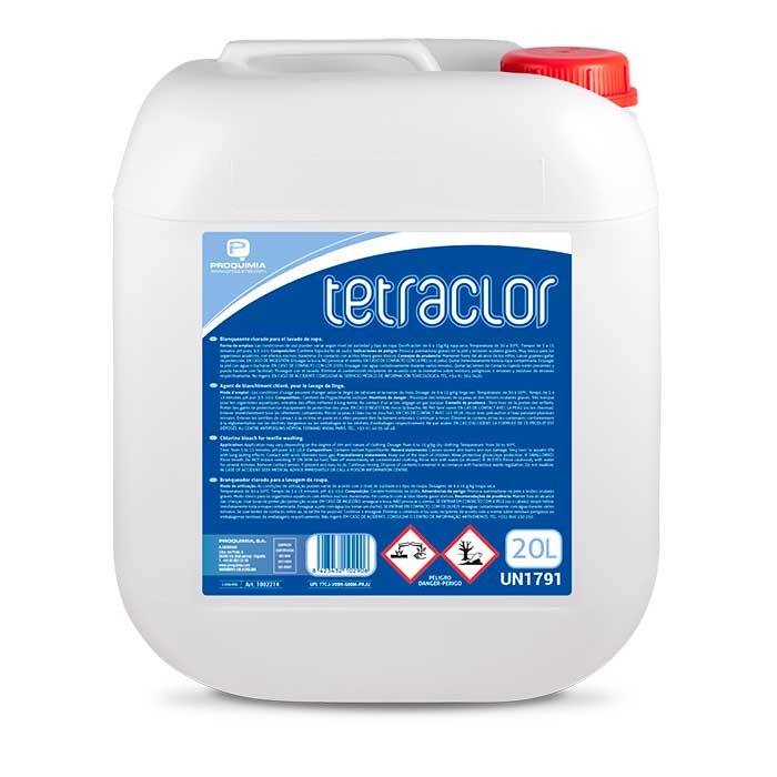 Branqueador Roupa Líquido Clorado Industrial Concentrado Tetraclor, embalagem de 20L, ideal para tratamento de tecidos brancos em lavandarias profissionais