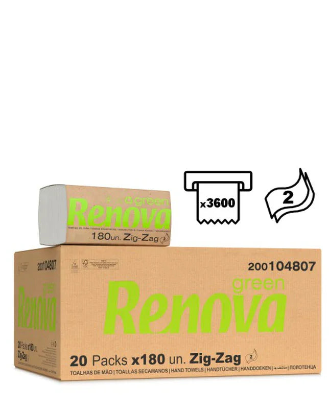 Papel Toalhas de Mãos Zig-Zag Tissue 2F Renova Green com 3600 folhas por caixa, eficiente e sustentável, ideal para uso profissional