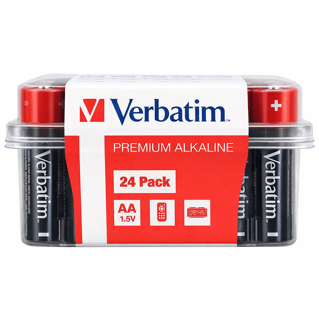 Pilhas Alcalinas AA LR06 da Verbatim em embalagem de 24 unidades, apropriadas para dispositivos eletrónicos.