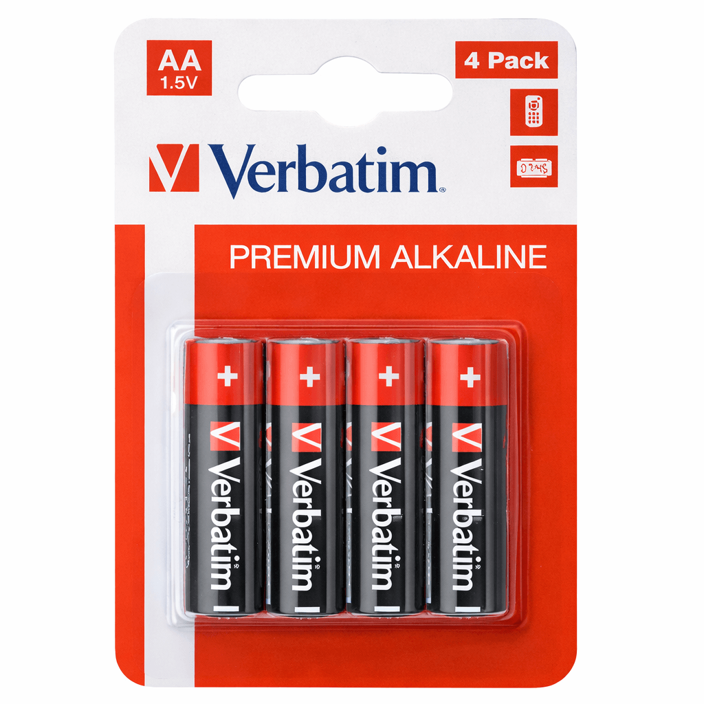 Pilhas Alcalinas AA LR06 Verbatim em embalagem de 4 unidades, com destaque para a marca e especificações.