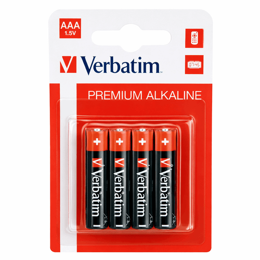 Pilhas Alcalinas AAA LR03 Verbatim Premium em embalagem de 4 unidades para uso em dispositivos eletrónicos.