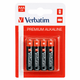Pilhas Alcalinas AAA LR03 Verbatim Premium em embalagem de 4 unidades para uso em dispositivos eletrónicos.