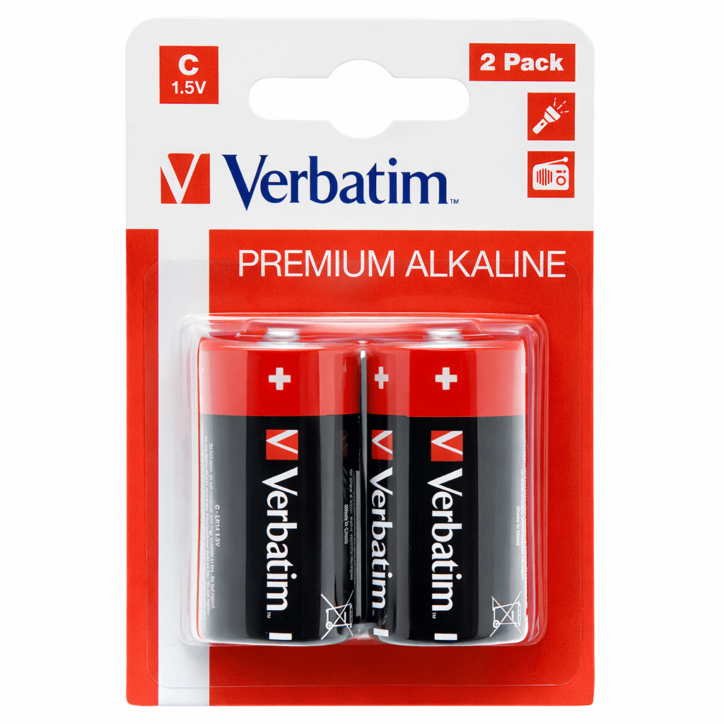 Pilhas Alcalinas C LR14 Verbatim em embalagem de 2 unidades, bateria premium de 1.5V.