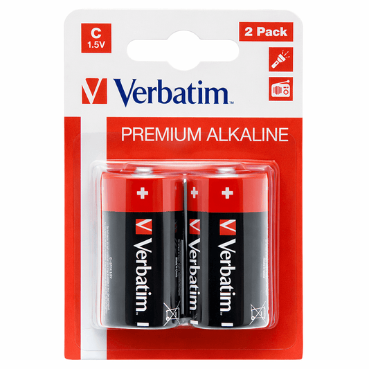 Pilhas Alcalinas C LR14 Verbatim em embalagem de 2 unidades, bateria premium de 1.5V.