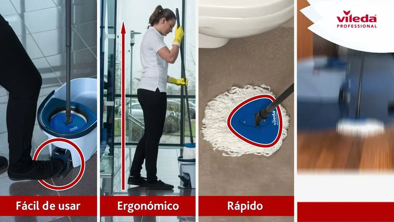 Balde com Pedal + Esfregona Rotativa VILEDA ULTRASPIN KIT em uso, destacando a facilidade, ergonomia e rapidez da limpeza.