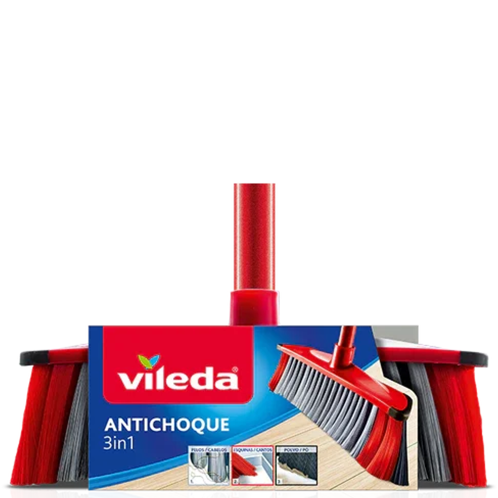 Vassoura Vileda AntiChoque 3em1 com cerdas distintas para limpeza eficiente em uma única passagem.