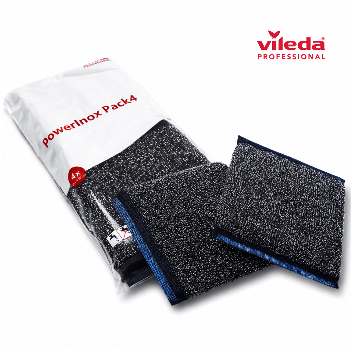 Esfregão Esponja VILEDA POWERINOX Pack 4 unidades, com esponjas abrasivas de alta performance e revestimento em aço inox.