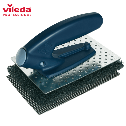 Kit de Limpeza de Grelhas Vileda Profissional - ferramenta de limpeza com base metálica e esfregão.