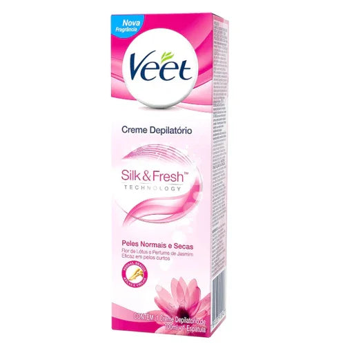 Creme Depilatório VEET Silk & Fresh 100ml embalagem com fragrância de lótus e jasmim para peles normais e secas