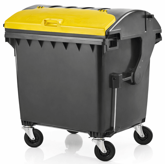Contentor do Lixo Industrial com Rodas 1100L em preto e amarelo, ideal para resíduos industriais.