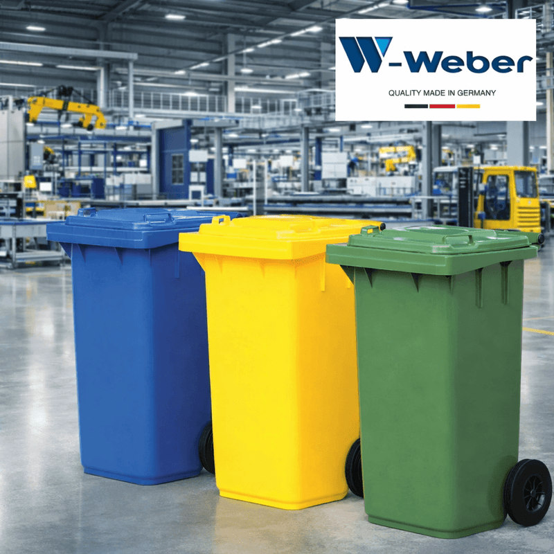 Contentor do Lixo Industrial com Rodas 240L em cores diferentes, adequado para uso intensivo em fábricas.