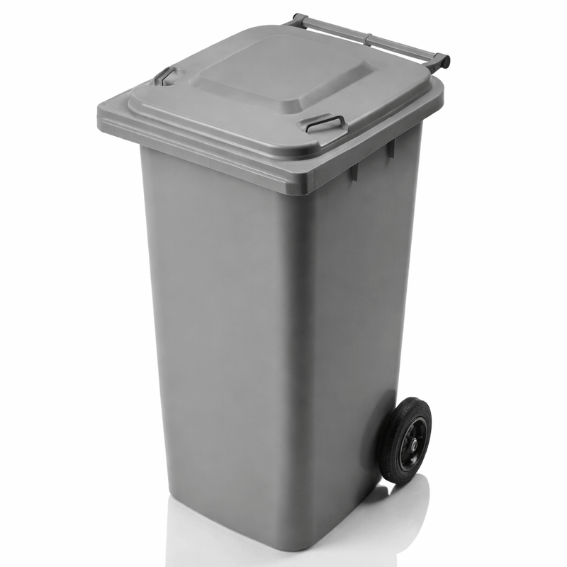 Contentor do Lixo Industrial com Rodas 120L com tampa, cinza e resistente, ideal para uso em empresas e armazéns.