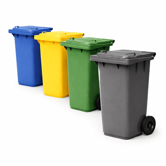 Contentor do Lixo Industrial com Rodas 120L em várias cores: azul, amarelo, verde e cinza, para uso em fábricas e empresas