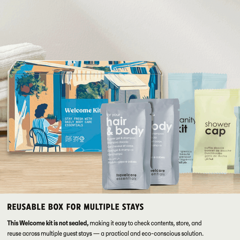 Kit Higiene Boas-Vindas GRAMMO com amenities essenciais para hóspedes em embalagem reutilizável, para hotelaria e alojamentos locais