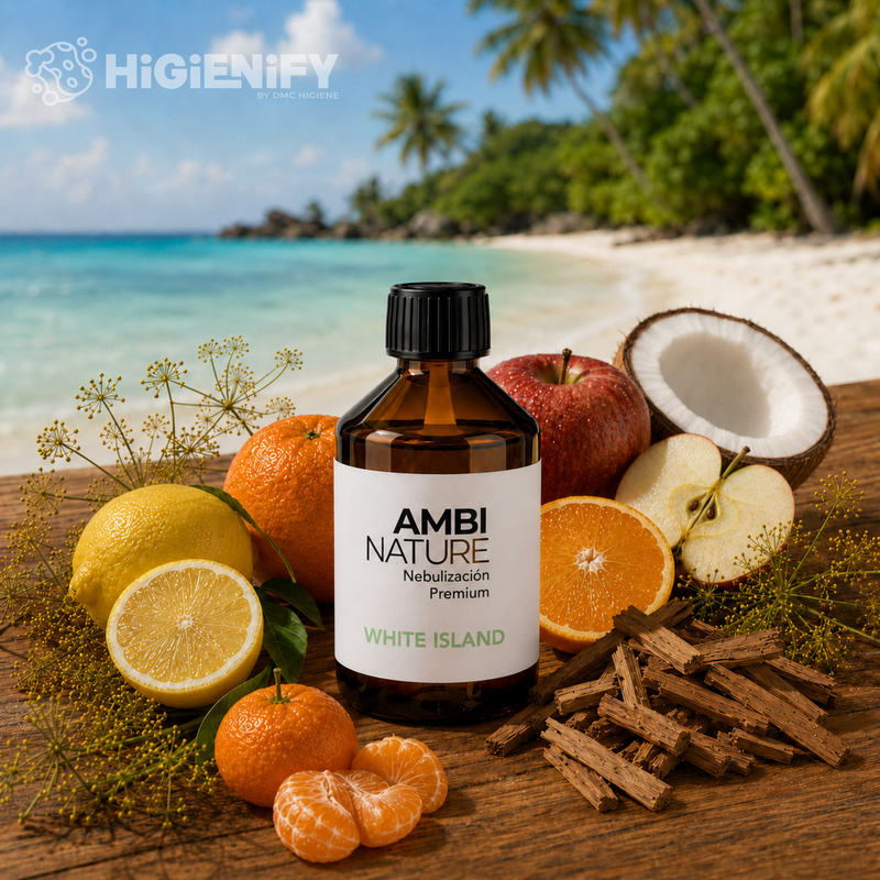 Recarga de Óleos Essenciais para Difusores WHITE ISLAND com frutas frescas e suaves em ambiente tropical.