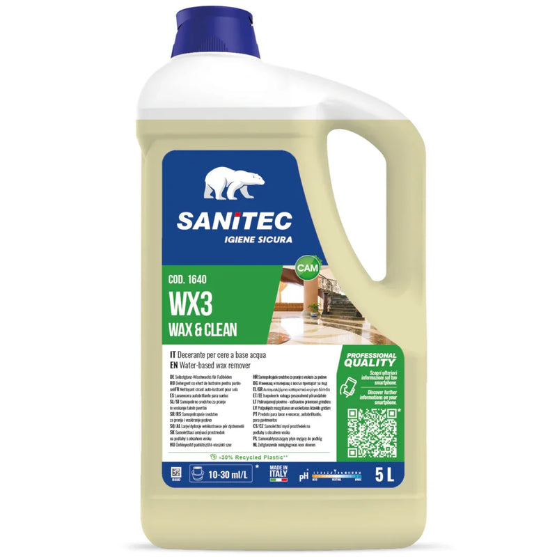 Lava e Encera Profissional Concentrado WX3 Wax & Clean em garrafão de 5L para manutenção de pavimentos.