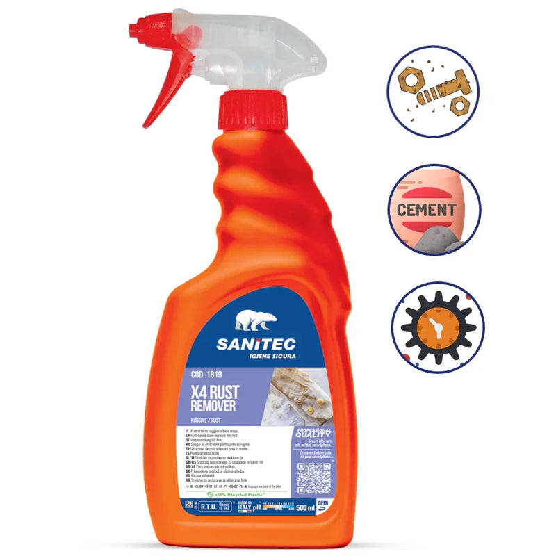 Spray Tira Nódoas Desoxidante Gorduras Minerais Sanitec X4 REMOVER 500ml para limpeza profissional.
