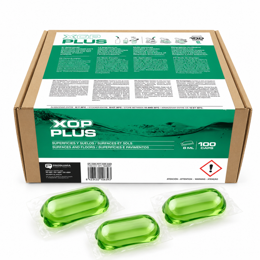 Detergente Multiusos Alcalino Concentrado em Cápsulas em embalagem de 100 unidades da marca XOP PLUS.