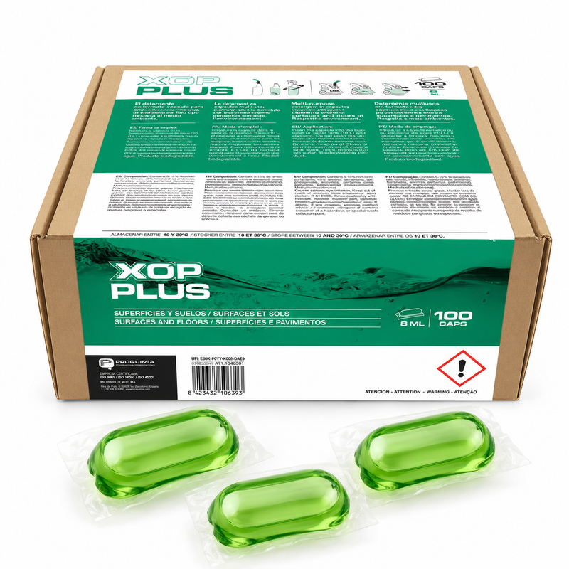 Detergente Multiusos Alcalino Concentrado em Cápsulas em embalagem de 100 unidades da marca XOP PLUS.