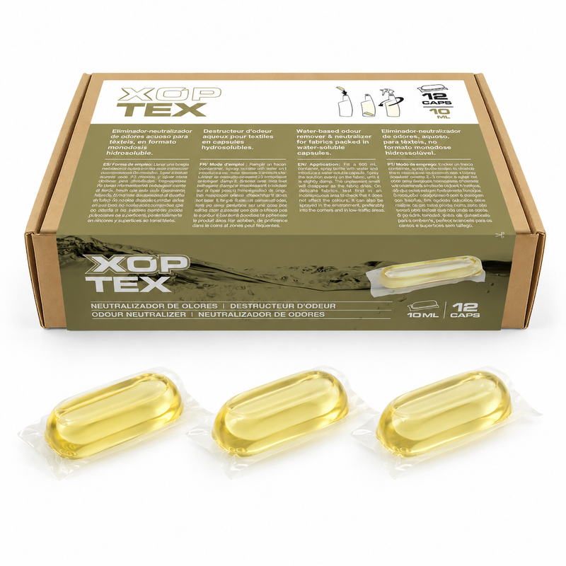 Ambientador Desodorizante para Têxteis Concentrado Cápsulas da XOP TEX, pack de 12 unidades com cápsulas hidrossolúveis