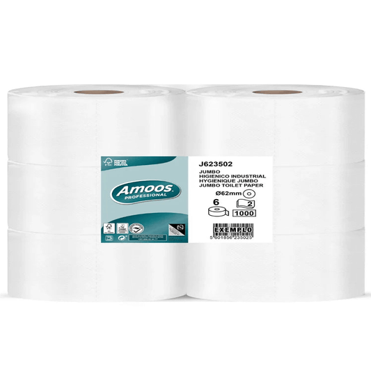 Pacote de Papel Higiénico Jumbo Maxi 2F 350M Amoos com 6 rolos, macios e absorventes, ideal para uso profissional.