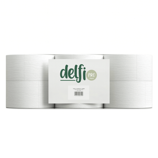 Papel Higiénico Jumbo 2F 75M Delfi Pro Low Cost - Pack com 12 rolos, suaves e resistentes.