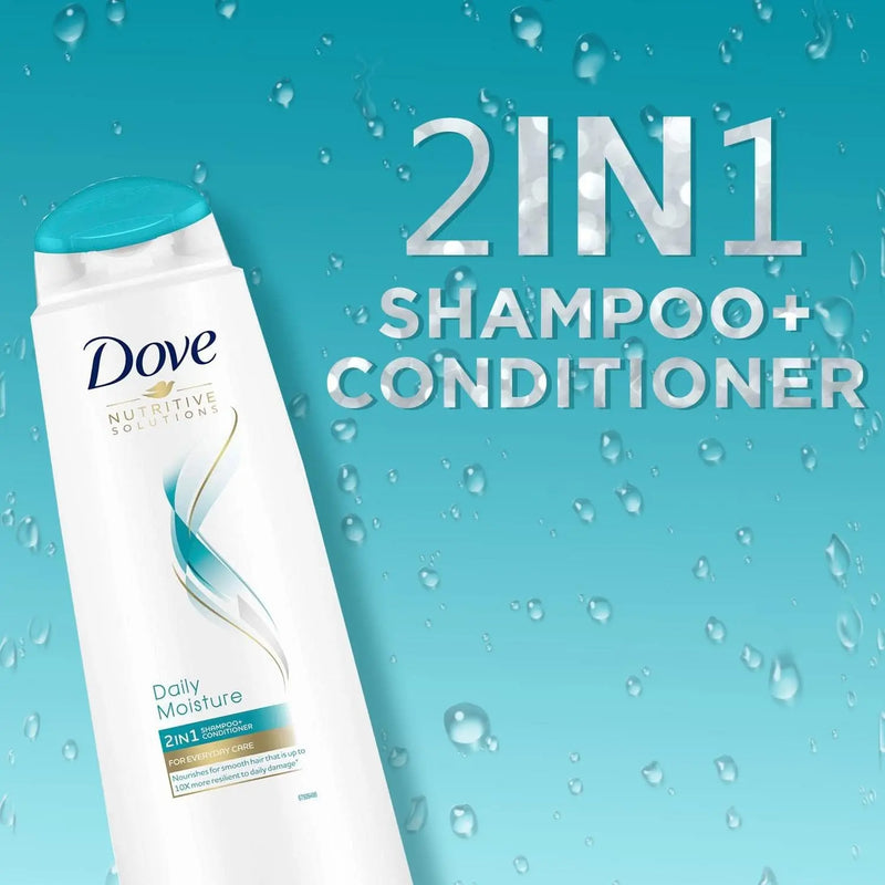 Champô e Condicionador 2em1 DOVE 250ml, frasco com design moderno e texto sobre 2 em 1 para cuidados diários do cabelo.