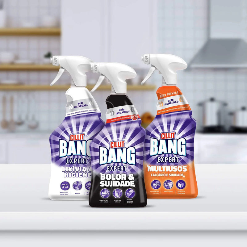 linha de produtos de limpeza da marca CILLIT Bang incluindo o Garrafa Pulverizadora de Spray Removedor de Fungos & Bolores CILLIT BANG 1000ml