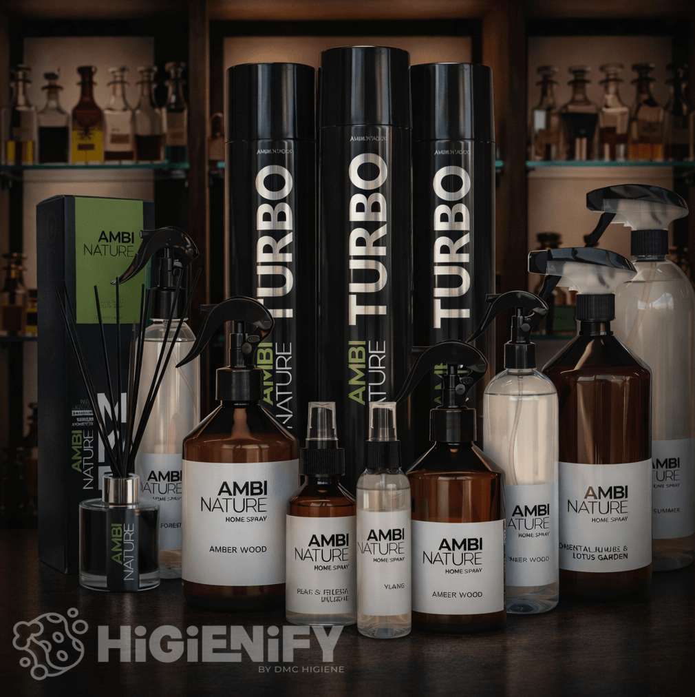 Ambientador Spray de Grande Descarga 750ml e outros produtos Ambi Nature em exibição, desenvolvidos por alta perfumaria, ambientadores para uso em empresas