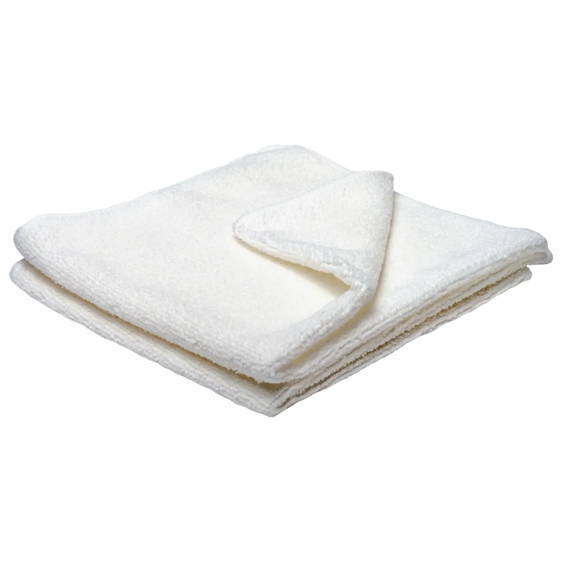 Pano Microfibra Multiusos Branco T-32 empilhado, ideal para limpeza de superfícies, pack com 12 unidades.