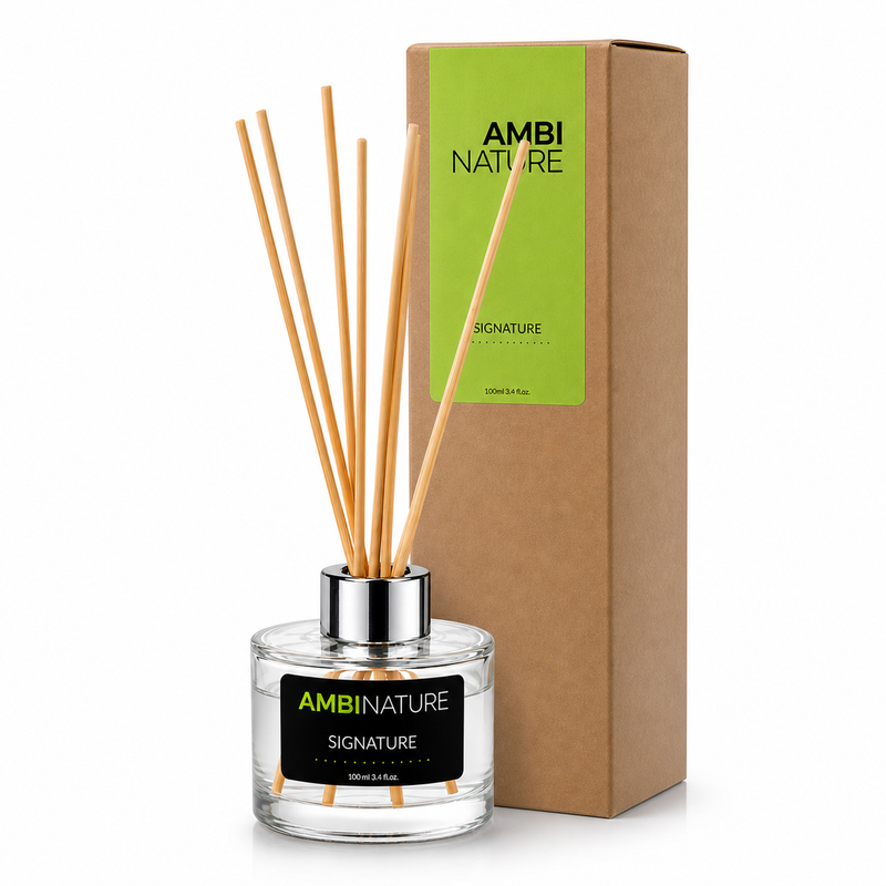 Ambientador Mini Mikado Premium | 100ml da AMBINATURE com embalagem elegante e varetas de rattan.