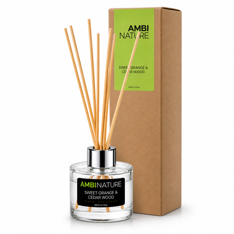Ambientador Mini Mikado Premium Sweet Orange & Cedar Wood | 100ml | AMBINATURE em frasco decorativo com sticks de madeira