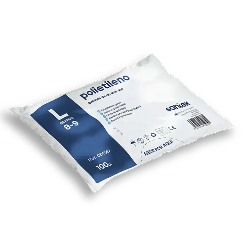 Pacote de Luvas em Polietileno Finas Descartáveis, ideal para uso económico e fácil descarte.