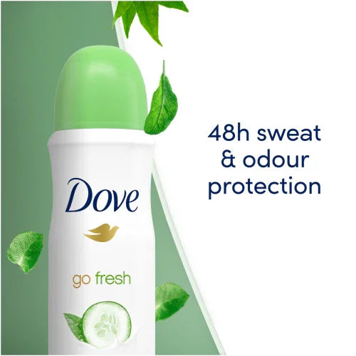 Desodorizante Spray Antiperspirante DOVE GO FRESH 250ml com proteção contra suor e odores por 48 horas.