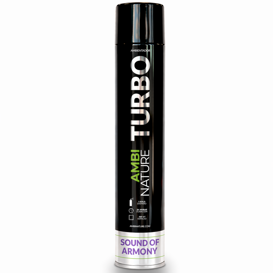 Ambientador Spray de Grande Descarga Sound of Armony | 750ml, embalagem de spray grande e elegante da AMBINATURE TURBO.