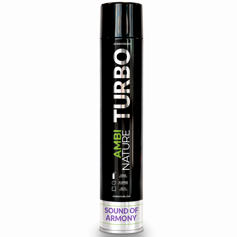 Ambientador Spray de Grande Descarga Sound of Armony | 750ml, embalagem de spray grande e elegante da AMBINATURE TURBO.