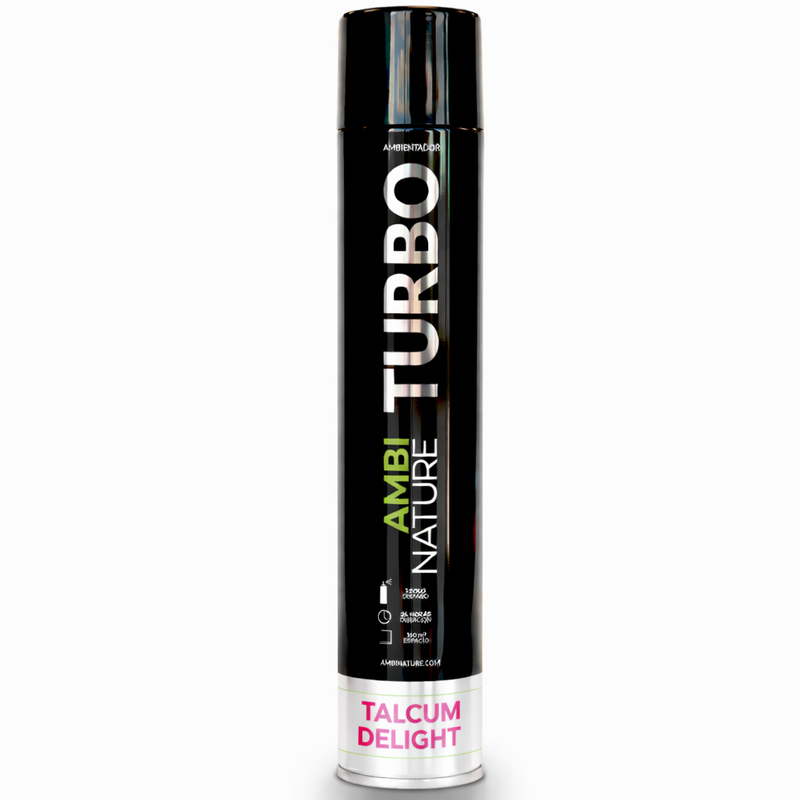 Ambientador Spray de Grande Descarga Talcum Delight 750ml da AMBINATURE TURBO em embalagem preta e branca.